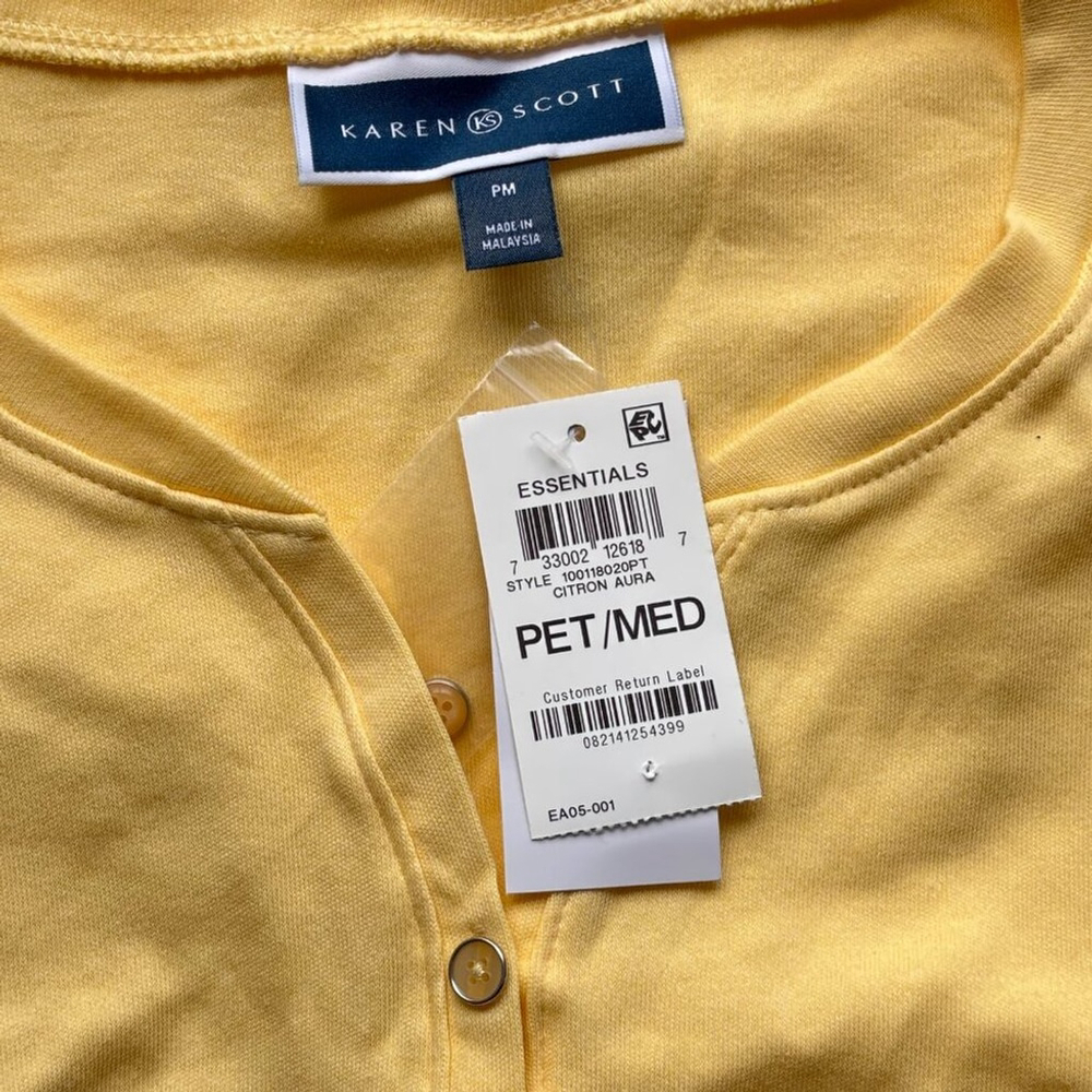Karen Scott Women's Medium Petite 100% Cotton Yellow 3/4-Sleeve Henley Shirt NWT - Picture 6 of 6